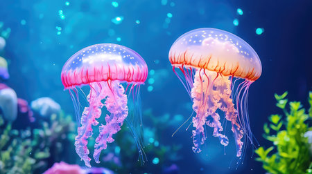 Captivating jellyfish duo in dark blue aquarium light, showcasing their hypnotic movements and marine eleganceの素材