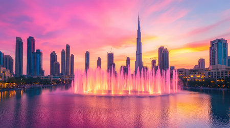City skyline sparkles behind a colorful fountain show, aerial view during golden sunset hour with dramatic lightingの素材