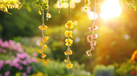 A quiet sunset garden where yellow flowers dangle gracefully, catching the day last raysの素材