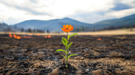 A single orange plant stands out in a barren post-fire field, representing nature determination to thriveの素材