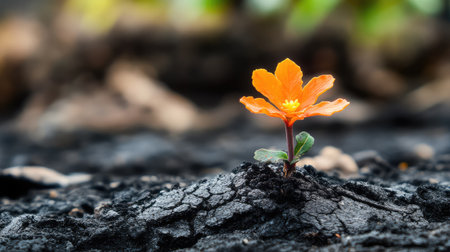 Burnt terrain with a vibrant orange sprout, showing nature's incredible ability to recover and flourishの素材