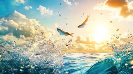 Action shot of fish soaring out of choppy sea, droplets frozen in time, a tribute to aquatic motion and natureの素材