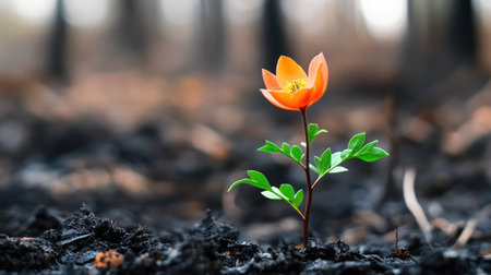 Bright orange vegetation rising from burnt earth, a striking image of healing, rebirth, and resilienceの素材