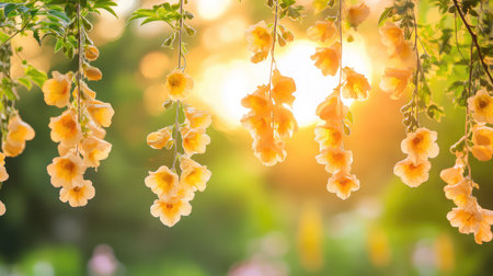 Golden hour in the garden with clusters of hanging yellow blooms, softly backlit by sunset glowの素材