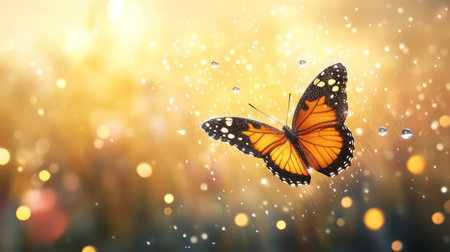 Butterfly in the rain, golden hues shining through the misty droplets, captured in exquisite macro detailの素材