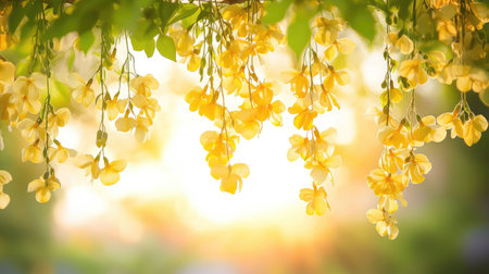 Golden hour in the garden with clusters of hanging yellow blooms, softly backlit by sunset glowの素材
