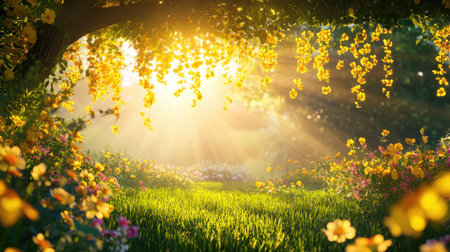 Glowing garden at dusk with yellow blooms hanging in silhouette, kissed by golden rays of the setting sunの素材