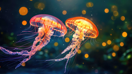 Elegant jellyfish pair pulse through dark waters in an aquarium, their tentacles trailing in fluid motionの素材