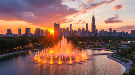Dynamic aerial photo of fountain light show with golden sunset reflections, urban skyline glowing in backgroundの素材