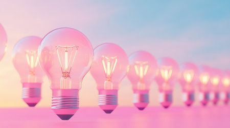 Creative spark symbolized by glowing bulbs lined up on a pink field, ideal for design and idea generation themesの素材