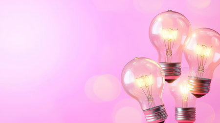 Conceptual photo with glowing light bulbs and soft pink background, expressing creativity and visionの素材
