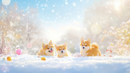 Fluffy Shiba Inu pups playing in the snow with snowflakes on their fur, set against a peaceful winter landscapeの素材
