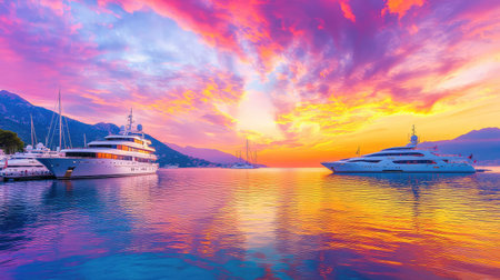 Elegant harbor filled with yachts under a fiery sunset sky, capturing the allure of coastal luxury travelの素材
