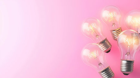 Conceptual photo with glowing light bulbs and soft pink background, expressing creativity and visionの素材