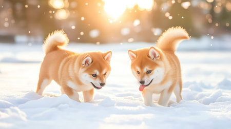 Pair of Shiba Inus sniffing snow-covered ground, tails up and curious, full of outdoor adventureの素材
