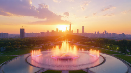 Stunning aerial shot of a choreographed fountain show glowing at sunset, urban skyline shining in backgroundの素材