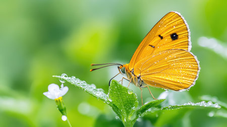Rain-splashed butterfly resting calmly, intricate wings of a Golden Skipper glistening under soft water dropsの素材