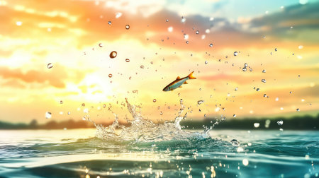 Ocean surface erupts as a fish leaps out, droplets sparkling, perfect for fishing, wildlife, and aquatic action themesの素材