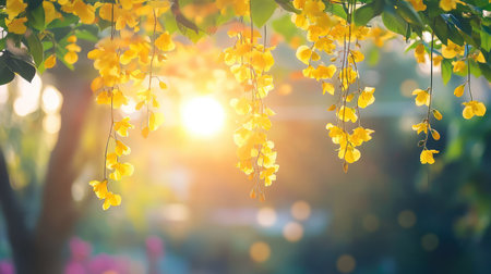 Soft sunlight filters through hanging yellow flowers in a peaceful sunset garden, glowing with warmth and calm cの素材