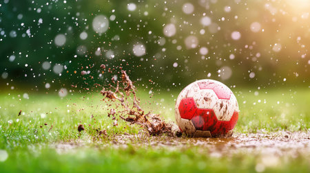 Rainy match intensity captured as a soccer boot strikes the ball, mud flying in a vivid action shotの素材
