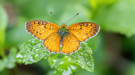 Rain-splashed butterfly resting calmly, intricate wings of a Golden Skipper glistening under soft water dropsの素材