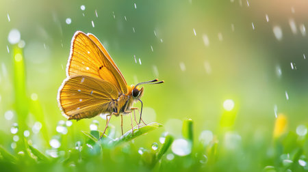 Tiny Golden Skipper glows in the rain, a macro moment revealing the fragile strength of insect lifeの素材