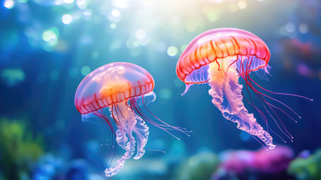Two jellyfish floating gently in a dark aquarium tank, their delicate forms glowing in the waterの素材