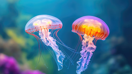 Two glowing jellyfish drift gracefully in an aquarium, lit softly against a dark, moody underwater backgroundの素材