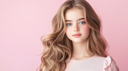 Teen girl with flowing wavy hair and gentle expression, set against pastel pink, ideal for modern beauty or lifestyle themesの素材