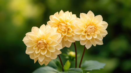 Trio of pale yellow flowers captured in natural light, surrounded by garden foliage, ideal for botanical website visualsの素材