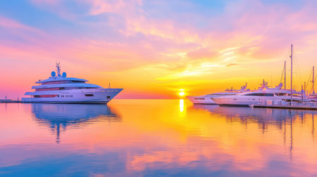 Luxury marina scene at twilight with still water, high-end yachts, and a breathtaking sunset horizonの素材