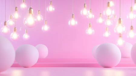 Clean pink space with sequentially lit bulbs, perfect metaphor for invention, startup launch, and creative flowの素材