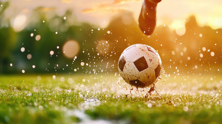 Gritty soccer scene with close-up of a muddy kick, water droplets and determination filling the frameの素材