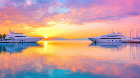 Luxury marina scene at twilight with still water, high-end yachts, and a breathtaking sunset horizonの素材