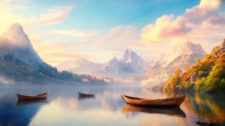 A composition of wooden boats drifting on tranquil water, surrounded by high peaks and quiet atmosphereの素材