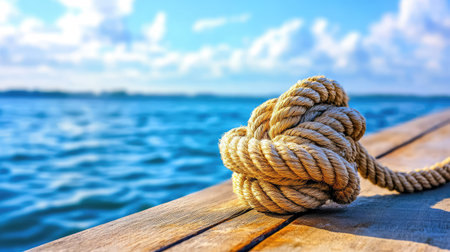A close-up of a weathered rope knot on a boat, the ocean stretching beyond, capturing nautical texture and craftの素材