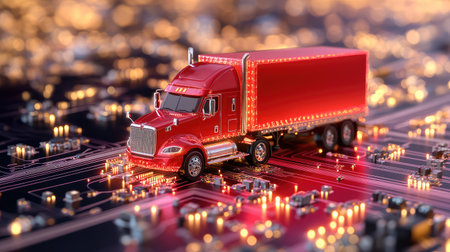 A sleek red cargo truck rendered atop a glowing circuit board, symbolizing the fusion of technology and logisticsの素材