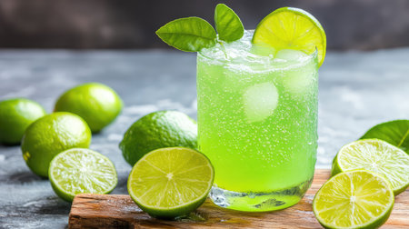 A chilled green soda sparkles with condensation, surrounded by juicy lime halves on rustic wood, radiating citrus freshnessの素材