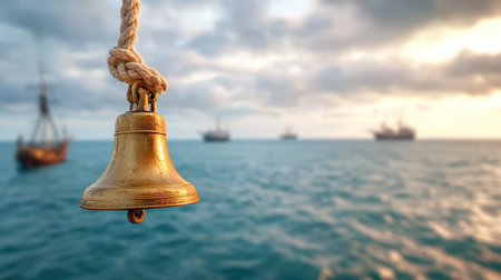 A historic ship bell, aged by time and salt, hangs quietly on deck with distant vessels and gray skies telling stories of the seaの素材