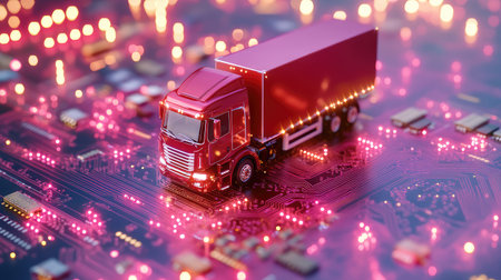 A sleek red cargo truck rendered atop a glowing circuit board, symbolizing the fusion of technology and logisticsの素材