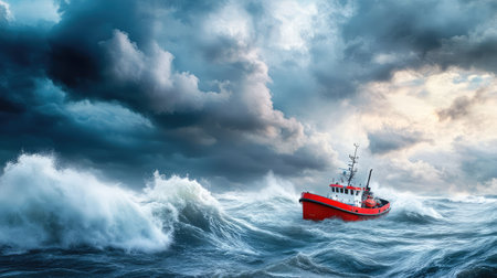 A tugboat heaves through whitecaps and gray foam, sky darkening above as wind and wave converge in chaosの素材