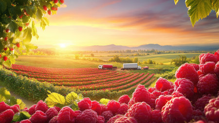 A warm-toned rural vista as raspberries are delivered by truck, merging visual appeal with food transportation purposeの素材