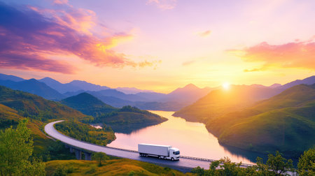 A truck crosses a wide river bridge at sunset, framed by vivid skies and glowing clouds, symbolizing freedom and the open roadの素材
