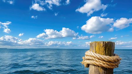 Aged mooring post with fraying ropes under a vivid sky, blending industrial detail with the openness of sea and skyの素材