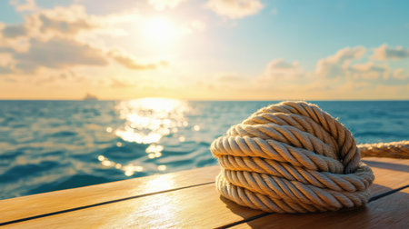 A tightly coiled rope on a ship, its texture enhanced by sunlight and ocean reflections in the backdropの素材