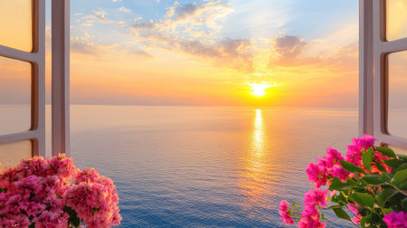 Through a cruise ship window, golden sunset hues spread across a calm sea, blending luxury with serene beautyの素材