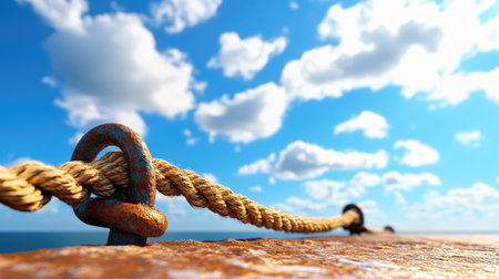Anchored strength shown in rusted iron and rope, the bright sky above contrasting with the grounded heaviness of the portの素材