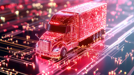 Truck rendered as an integrated circuit element, red and glowing, representing seamless technological transportationの素材