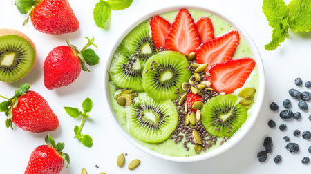 Minimalist smoothie bowl with fresh kiwi, strawberry, papaya slices, and seeds arranged in a colorful, healthy, and appetizing compositionの素材