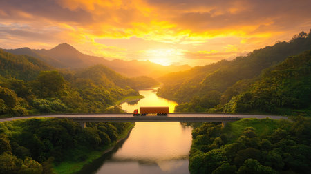 Golden sunset light reflects off a river as a truck journeys across a high bridge, evoking adventure and scenic transportの素材